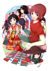  5girls absurdres ahoge animal_print bird_print black_eyes blood blood_on_clothes brown_eyes chiba_atsuko commentary company_connection creator_connection dated dual_persona elbow_gloves facing_away fujiwara_chiyoko gloves hairband hat highres japanese_clothes key kimono kirigoe_mima kon_satoshi_(director) lipstick madhouse makeup miyuki_(tokyo_godfathers) mole mole_under_eye multiple_girls obi obiage obijime outstretched_arms paprika paprika_(character) perfect_blue pink_hairband sash school_uniform sennen_joyuu serafuku short_hair sleeveless smile tokyo_godfathers tomo_tomodo white_background white_gloves wide_sleeves 