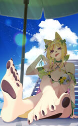  5_fingers 5_toes absurd_res accessory anthro arm_support arm_tuft barefoot beach_chair bikini black_nails black_nose black_pawpads blep blonde_eyebrows blonde_hair bow_ribbon bracelet breasts canid chair cheek_tuft choker claws cleavage clothed clothing cloud colored_nails crossed_legs day detailed_background eyebrow_through_hair eyebrows eyelashes eyewear eyewear_on_head facial_tuft feet female female_anthro fingers foot_focus foreshortening fur furniture hair hair_accessory hair_ribbon hairbow heart_sunglasses hi_res highlights_(coloring) hindpaw humanoid_feet humanoid_hands jewelry long_hair looking_at_viewer lounge_chair mammal mochi0come nails neck_piercing necklace outside pawpads paws perspective piercing pink_eyes pink_hair plantigrade print_bikini print_clothing print_swimwear raised_arm ribbons shadow signature sitting sky soles solo spread_toes sunglasses sunglasses_on_head swimwear toe_claws toes tongue tongue_out tongue_piercing translucent translucent_hair tuft umbrella wrist_tuft yellow_body yellow_fur 