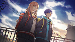  1boy absurdres ankh asanaka_yomogi backpack bag bag_charm black_jacket black_pants blue_eyes blue_hair blue_sky building charm_(object) cloud female gridman_universe hair_ornament hairclip hands_in_pockets highres jacket lens_flare long_hair long_sleeves minami_yume orange_eyes outdoors pants power_lines qizhongji railing sky ssss.dynazenon 