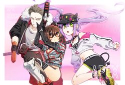  1boy 2girls android apex_legends ass b3_wingman baseball_cap belt bibi_(tokoyami_towa) black_belt black_headwear black_jacket black_pants breasts brown_hair camouflage camouflage_jacket cleavage clenched_hand collarbone floating_hair fur_trim green_eyes grey_jacket grey_shirt gun hair_behind_ear hat holding holding_gun holding_weapon hololive jacket long_hair mechanical_legs medium_breasts midriff multiple_girls navel off_shoulder pants purple_hair roboco-san roboco-san_(1st_costume) rpr scarz shirt short_hair tail tokoyami_towa tori_gyoza very_long_hair virtual_youtuber weapon 