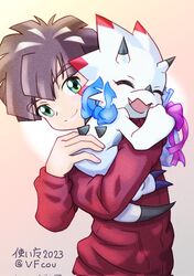  anthro bandai_namco bandana blush brown_hair claws closed_eyes clothing digimon digimon_(species) digimon_ghost_game duo gammamon gammamon_(ghost_game) green_eyes hair hi_res hiro_amanokawa holidays hoodie hug human kerchief male mammal smile topwear valentine&#039;s_day vfcou white_body 