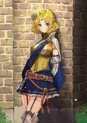  absurdres artist_name blonde_hair blue_eyes boots braid castle circlet crossed_legs female fire_emblem fire_emblem_warriors flower frilled_skirt frills garter_straps hair_flower hair_ornament hairpin highres ku-ini leaning_back legs lianna_(fire_emblem) princess short_hair skirt solo sunflower sunflower_hair_ornament thigh_boots thighhighs thighs tiara wall watermark 