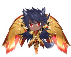  1boy animal_ears armor blue_hair breastplate chibi dark-skinned_male dark_blue_hair dark_skin earrings energy fate/grand_order fate_(series) floating full_body glowing_armor golden_wings gradient_hair highres jewelry kemonomimi_mode long_hair male_focus multicolored_hair onasu_(sawagani) outstretched_arms purple_hair red_eyes romulus_quirinus_(fate) solo tail transparent_background very_long_hair wings wolf_boy wolf_ears wolf_tail 