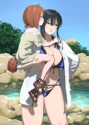  1boy abs absurdres age_difference animal_ears bikini black_bikini black_hair breasts brown_hair carrying commentary_request cowboy_shot crab day female green_eyes hair_between_eyes highres jacket large_breasts long_hair looking_away navel noah_(onna_kishi_to_kemonomimi_no_ko) olivia_(onna_kishi_to_kemonomimi_no_ko) onee-shota onna_kishi_to_kemonomimi_no_ko open_clothes open_jacket outdoors river rock scar straight swimsuit tail toned turbo_engine_(rakugaki_tabo) white_jacket 