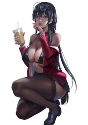  ahoge azur_lane bag black_bra black_choker black_footwear black_skirt bra breasts brown_thighhighs bubble_tea choker cleavage crossed_bangs cup disposable_cup drink drinking_straw eyewear_on_head female full_body highres holding holding_cup holding_drink huge_ahoge jacket large_breasts lips long_hair looking_at_viewer miniskirt nose open_clothes open_jacket pleated_skirt realistic red_eyes red_jacket round_eyewear school_bag shirt shoes skirt solo taihou_(azur_lane) thighhighs tongue tongue_out underwear very_long_hair xixi_(xixihenlan_ing) 