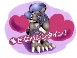  4:3 absurd_res anthro bandai_namco bear bearmon blush brown_body brown_fur claws clothing covering covering_face digimon digimon_(species) embarrassed fur hat headgear headwear heart_symbol hi_res holidays japanese_text leather male mammal solo straps text tp46750514 valentine&#039;s_day 