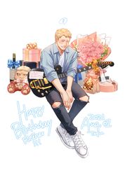  1boy ^_^ aqua_shirt armored_titan blonde_hair blush bottle bouquet box character_doll closed_eyes denim facial_hair full_body gift gift_box goatee highres jeans male_focus o3tofu pants pectorals reiner_braun shingeki_no_kyojin shirt shoes short_hair sitting sneakers solo torn_clothes torn_pants wine_bottle 