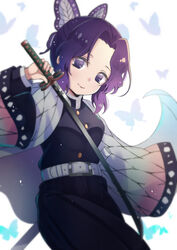  bad_id bad_pixiv_id belt black_jacket black_pants bug butterfly butterfly_hair_ornament closed_mouth commentary demon_slayer_uniform female forehead gradient_hair hair_ornament highres holding holding_sword holding_weapon jacket katana kimetsu_no_yaiba kochou_shinobu long_sleeves looking_at_viewer multicolored_hair pants parted_bangs purple_eyes purple_hair simple_background siragagaga smile solo sword sword_writing unsheathed weapon white_background white_belt wide_sleeves 