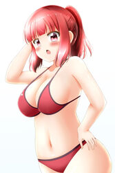  bikini blush breasts commentary_request highres koisuru_asteroid looking_at_viewer medium_breasts medium_hair navel plump ponytail red_hair sakurai_mikage swimsuit taka_(takalight) 