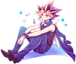  1boy belt black_belt black_footwear black_hair black_shirt blonde_hair blue_jacket blue_pants collar collarbone dyed_bangs full_body hair_intakes jacket jacket_on_shoulders looking_at_viewer male_focus multicolored_hair muto_yugi pants pink_hair purple_eyes seren_(seresere) shirt sitting sleeveless sleeveless_shirt solo spiked_hair white_background yu-gi-oh! yu-gi-oh!_duel_monsters 