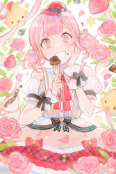  43_pon bird chick chocolate commentary female food food_on_face fork hand_on_own_cheek hand_on_own_face highres himitsu_no_valentine_daisakusen!_(project_sekai) medium_hair ootori_emu open_mouth pink_eyes pink_hair project_sekai smile solo symbol-only_commentary twintails 