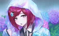  bad_id bad_twitter_id black_skirt brown_eyes collared_shirt commentary danganronpa_(series) danganronpa_v3:_killing_harmony female flower gem hair_ornament hairclip hajime_(gitoriokawaii) hood hood_up hydrangea long_sleeves looking_at_viewer open_mouth outdoors rain raincoat red_hair see-through shirt short_hair skirt solo transparent_raincoat upper_body white_shirt yumeno_himiko 