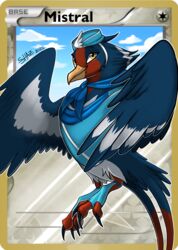  absurd_res avian avian_feet beak blue_body feathered_crest feathered_wings feathers feet female feral flying generation_3_pokemon head_crest hi_res markings mistral_(gyro) nintendo pokemon pokemon_(species) pokemon_card red_markings shazzykatana solo swellow tail tail_feathers talons toes trading_card trading_card_game white_body white_markings wings yellow_eyes 