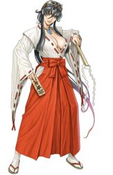  breasts cleavage female flight_goggles full_body highres japanese_clothes jewelry large_breasts magatama magatama_necklace medium_breasts miko necklace official_art sengoku_blade sengoku_cannon solo source_request togashi_koyori transparent_background tsukasa_jun 