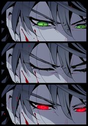  1boy alternate_eye_color blood blood_on_face close-up closed_eyes earrings eye_focus fate/grand_order fate_(series) green_eyes highres jewelry koshiro_itsuki limited_palette long_hair male_focus protected_link romulus_quirinus_(fate) sequential solo spot_color 