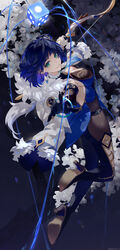  absurdres artist_name asymmetrical_gloves backless_outfit bangle beads black_bodysuit black_gloves blue_hair bodysuit bow_(weapon) bracelet breasts choker cleavage clothing_cutout commentary dark_blue_hair dated dice earrings elbow_gloves favonius_warbow_(genshin_impact) female fishnets floral_background flower full_body fur-trimmed_jacket fur_trim genshin_impact gloves green_eyes grin high_heels highres holding holding_bow_(weapon) holding_weapon jacket jacket_on_shoulders jewelry legs looking_at_viewer medium_breasts mismatched_gloves mole mole_under_eye neck_tassel outstretched_hand short_hair smile solo swkl:d symbol-only_commentary thigh_cutout thighs twitter_username weapon white_choker white_flower white_gloves yelan_(genshin_impact) 