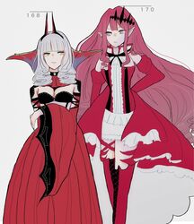  2girls baobhan_sith_(fate) baobhan_sith_(first_ascension)_(fate) boots breasts carmilla_(fate) cleavage commentary_request curly_hair elbow_gloves fate/grand_order fate_(series) fingernails gloves grey_background grey_eyes grey_hair height_difference highres hinamochi large_breasts long_fingernails long_hair looking_at_another multiple_girls pointy_ears purple_eyes red_footwear red_gloves red_hair sharp_fingernails supportasse thigh_boots thighhighs very_long_fingernails very_long_hair wide_sleeves yellow_eyes 