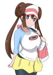  bag black_pantyhose blue_eyes breasts brown_hair closed_mouth cowboy_shot double_bun female hair_bun hair_through_headwear handbag haruzu2000 hat highres holding holding_bag large_breasts long_hair long_sleeves looking_at_viewer pantyhose poke_ball_print pokemon pokemon_bw2 raglan_sleeves rosa_(pokemon) shorts smile solo white_background yellow_shorts 