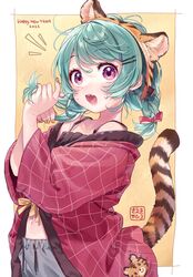  2022 animal_ears black_camisole bow camisole drawstring fake_animal_ears female green_hair grey_pants hair_ribbon hairband hairbow hands_up happy_new_year highres indie_virtual_youtuber jacket looking_at_viewer medium_hair navel open_clothes open_jacket open_mouth orange_nails pants pink_bow purple_eyes red_jacket ribbon saeki_yahiro saekiyahiro solo sweatdrop tail tiger_ears tiger_tail upper_body virtual_youtuber 