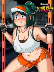  1girls belmont booty_shorts chubby green_hair hi_res inko_midoriya mature_female midriff milf mother my_hero_academia pinup solo sports_bra sportswear weightlifting workout workout_clothes 