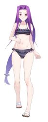  bare_shoulders bikini black_bikini breasts fate/grand_order fate_(series) female full_body highres long_hair looking_at_viewer medusa_(fate) medusa_(lancer)_(fate) minami_koyogi navel parted_bangs purple_eyes purple_hair sandals sidelocks small_breasts solo swimsuit very_long_hair 