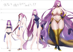  4girls bare_shoulders barefoot bikini black_bikini blue_bikini blue_one-piece_swimsuit bracelet breasts claws cleavage covered_navel fate/grand_order fate_(series) forehead full_body gold_bikini gorgon_(fate) hair_tubes height_chart highleg highleg_one-piece_swimsuit highres huge_breasts jewelry large_breasts long_hair looking_at_viewer medusa_(fate) medusa_(lancer)_(fate) medusa_(rider)_(fate) medusa_(saber)_(fate) minami_koyogi monster_girl multiple_girls multiple_persona navel one-piece_swimsuit parted_bangs purple_eyes purple_hair sandals scales sidelocks small_breasts snake_hair snake_tail swimsuit tail thigh_strap translation_request twintails very_long_hair 