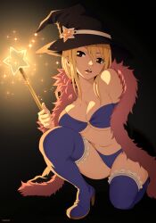  absurdres alternate_costume bikini black_hat blue_bikini blue_footwear boots breasts brown_eyes fairy_tail female glowing halloween hat high_heel_boots high_heels highres holding holding_wand large_breasts looking_at_viewer lucy_heartfilia navel on_one_knee open_mouth signature solo star_wand stayaliveplz swimsuit teeth thigh_boots upper_teeth_only wand witch_hat 