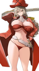  absurdres amagi_brilliant_park ascot bare_shoulders belt bikini blush breasts brown_hair cleavage coat female gun hareno_chiame hat highres large_breasts long_hair long_sleeves looking_at_viewer navel open_mouth pirate_hat red_bikini red_coat sento_isuzu solo swimsuit thighs weapon yellow_eyes 