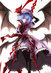  absurdres artist_name bat_wings black_gloves black_pantyhose blue_hair brooch commentary_request dress female fingerless_gloves flower frilled_dress frills gloves grin hair_between_eyes hat hat_flower hat_ribbon high_collar highres holding holding_polearm holding_weapon jewelry koumajou_densetsu looking_at_viewer merihari07 mob_cap multiple_wings open_mouth pantyhose pink_dress pink_hat polearm puffy_short_sleeves puffy_sleeves red_eyes red_nails red_ribbon remilia_scarlet ribbon sash shoes short_hair short_sleeves signature simple_background smile solo spear_the_gungnir touhou twitter_username weapon white_background wings 