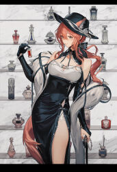  animal_ears arknights black_bridal_gauntlets black_dress black_gloves black_hat bottle bowler_hat bridal_gauntlets brown_hair cat_ears commentary cosmetics dress ears_through_headwear extra_ears feather_boa female fur_shawl gloves hair_between_eyes hat heidi_(arknights) highres holding holding_bottle kumatangent letterboxed long_hair nail_polish_bottle parted_lips perfume_bottle shawl side_slit single_bridal_gauntlet single_glove solo too_many very_long_hair white_shawl 