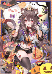  adapted_costume alternate_breast_size animal_ear_fluff animal_ears animal_print bandaged_arm bandaged_leg bandages black_footwear black_shorts black_thighhighs blush boo_tao_(genshin_impact) bracelet breasts broom broom_riding brown_coat brown_hair candy cat_ears cat_print claw_pose cleavage coat coattails commentary fangs female flower-shaped_pupils food food-themed_hair_ornament garter_straps genshin_impact ghost hair_ornament halloween_bucket halloween_costume hands_up hat highres hu_tao_(genshin_impact) jewelry large_breasts leg_up long_hair long_sleeves looking_at_viewer midriff multiple_rings navel open_mouth pumpkin pumpkin_hair_ornament red_eyes red_nails ring short_shorts shorts single_thighhigh solo standing standing_on_one_leg star_(symbol) star_print symbol-shaped_pupils tassel thighhighs thighs very_long_hair wide_sleeves witch_hat yuia 