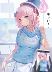  1other aka_(440626) alternate_costume black_headwear blue_archive blue_shirt blurry blurry_foreground breasts cellphone eimi_(blue_archive) female halo hat highres large_breasts long_braid long_hair open_mouth phone pink_eyes pink_hair pink_halo shirt short_sleeves skirt smartphone solo_focus top_hat translated white_skirt 