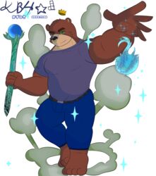  2023 absurd_res alpha_channel anthro barazoku bear brown_bear brown_body brown_fur clothed clothing crown elemental_manipulation facial_piercing fire fire_manipulation fur green_eyes grizzly_bear headgear hi_res kbh_kazuhisa magic magician male mammal musclegut muscular nose_piercing piercing solo sparkles steam ursine 