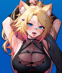  absurdres animal_ear_fluff animal_ears armpits arms_up bandaid bandaid_on_face bandaid_on_nose belt black_belt black_sleeves blonde_hair blue_background blue_eyes breasts cat_ears cat_girl cat_necklace chest_belt cleavage clickdraws collarbone commission earrings fangs female fishnets gradient_hair hair_ornament heart heart_in_eye highres indie_virtual_youtuber jewelry large_breasts long_hair multicolored_hair obkatiekat obkatiekat_(2nd_costume) pink_hair pink_nails ponytail see-through see-through_cleavage symbol_in_eye tongue upper_body virtual_youtuber 