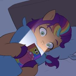  bed bite cellphone earth_pony electronics equid equine female feral furniture green_eyes hair hasbro hi_res hooves horse mammal marenlicious meme mlp_g5 multicolored_hair my_little_pony on_bed phone pillow pillow_bite pony purple_hair rainbow_hair smartphone solo sunny_starscout_(mlp) 