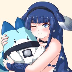  animal_ears bare_shoulders blue_eyes blue_hair blush braid coelacanth_(kemono_friends) dark_blue_hair female fins fish_girl head_fins hugging_object kemono_friends kemono_friends_3 long_hair looking_at_viewer lucky_beast_(kemono_friends) mukouyama_mu multicolored_hair one_eye_closed smile solo twin_braids very_long_hair 