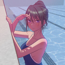  andrian_januar_adilia armpit_crease bare_arms bare_shoulders black_hair blue_one-piece_swimsuit breasts cleavage closed_mouth collarbone commentary_request cone_hair_bun dark-skinned_female dark_skin expressionless female from_side hair_bun hand_on_wall hand_up highres indonesian_commentary large_breasts looking_at_viewer one-piece_swimsuit original parted_bangs polka_dot polka_dot_background pool purple_eyes sideboob single_hair_bun solo split_mouth swimsuit upper_body 