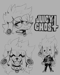  4:5 alternative_fashion anthro canid canine canis closed_eyes collar dobermann domestic_dog dot_eyes ear_piercing english_text eyewear fangs female floppy_ears gauged_ear glasses goth grey_background greyscale grin gynomorph_(lore) half-closed_eyes juicy_(juicyghost) juicyghost mammal monochrome narrowed_eyes piercing pinscher simple_background smile solo teeth text trans_(lore) trans_woman_(lore) 