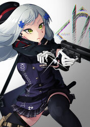  aiming beret black_headwear black_thighhighs breasts cross_hair_ornament female finger_on_trigger flashlight girls&#039;_frontline glock gloves green_eyes grey_hair gun hair_ornament handgun hat highres hk416_(girls&#039;_frontline) holding holding_flashlight holding_weapon holster jacket long_hair multicolored_clothes multicolored_jacket nakiusagi panties pantyshot pleated_skirt purple_jacket skirt teardrop_facial_mark teardrop_tattoo thigh_holster thighhighs underwear weapon 