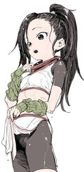  absurdres bike_shorts black_hair black_shorts breasts commentary_request detached_sleeves female forehead green_sleeves grey_eyes hand_up highres kunoichi_tsubaki_no_mune_no_uchi long_hair long_sleeves midriff official_art open_mouth ponytail puffy_long_sleeves puffy_sleeves short_sleeves shorts simple_background sleeves_past_wrists small_breasts solo tsubaki_(kunoichi_tsubaki_no_mune_no_uchi) wet wet_clothes white_background yamamoto_souichirou 