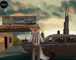  absurd_res canid canine car chicago city clothed clothing english_text fallout fox fur grand_theft_auto hi_res inktober inktoberchallenge male mammal microsoft motor_vehicle pawprincess red_body red_fox red_fur rockstar_games text true_fox vehicle vintage_car white_body white_fur 