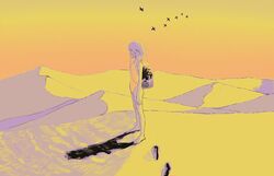  backpack bag bare_arms bare_legs barefoot bird commentary female footprints full_body highres kgeroua looking_at_viewer one-piece_swimsuit orange_sky orange_theme original oxygen_mask sand_dune short_hair sky solo swimsuit symbol-only_commentary 