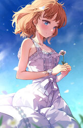  armpit_crease blue_eyes blue_sky blurry blurry_foreground blush breasts brown_hair depth_of_field dress falling_petals female floating_hair flower highres holding holding_flower idolmaster idolmaster_million_live! looking_at_flowers nira_(vira) outdoors petals sky sleeveless sleeveless_dress small_breasts smile solo suou_momoko white_dress 