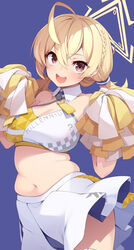  ahoge belly blonde_hair blue_archive blue_background blush breasts cheerleader cleavage cowboy_shot detached_collar female hair_between_eyes halo halterneck highres holding holding_pom_poms kotori_(blue_archive) kotori_(cheer_squad)_(blue_archive) large_breasts long_hair looking_at_viewer midriff millennium_cheerleader_outfit_(blue_archive) mofu_namako navel official_alternate_costume open_mouth pleated_skirt plump pom_pom_(cheerleading) red_eyes short_twintails simple_background skirt smile solo standing twintails white_skirt yellow_halo 