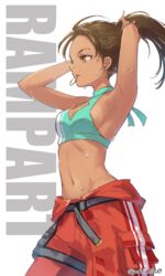  abs animification apex_legends armpits arms_up breasts brown_hair check_commentary commentary commentary_request dark_skin facial_mark female hair_tie hair_tie_in_mouth highres jumpsuit jumpsuit_around_waist looking_ahead mouth_hold navel orange_jumpsuit pants ponytail rampart_(apex_legends) sideboob signature simple_background small_breasts solo stomach sweat swimsuit tan tying_hair white_background yellow_eyes yokoi_aya 