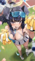  absurdres animal_ears black_hair blue_archive blush breasts cheering cheerleader cleavage dog_ears dog_tail eyewear_on_head facial_mark female from_above halo halterneck hibiki_(blue_archive) hibiki_(cheer_squad)_(blue_archive) highres holding holding_pom_poms kongsi large_breasts long_hair official_alternate_costume open_mouth pom_pom_(cheerleading) purple_eyes safety_glasses shoes skirt solo star_(symbol) tail white_footwear white_skirt yellow_halo 