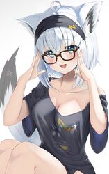  absurdres ahoge animal_ears black-framed_eyewear black_headband black_skirt blush breasts cleavage female fox_ears fox_girl fox_tail glasses green_eyes grey_hair headband highres hololive medium_breasts medium_hair official_alternate_costume open_mouth shirakami_fubuki shirakami_fubuki_(loungewear) skirt smile solo tail torakichi_888 virtual_youtuber 