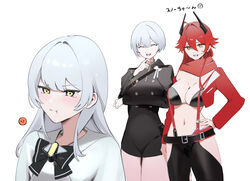  3girls :t ahoge aiguillette arm_under_breasts bare_shoulders belt bikini black_belt black_bikini black_bow black_bowtie black_cape black_dress blush bow bowtie breasts buttons cape cleavage cloak closed_eyes closed_mouth commentary cowboy_shot cropped_jacket double-breasted dress emoji finger_to_own_chin goddess_of_victory:_nikke guriddopitto hair_between_eyes hair_intakes hand_up hip_vent horns jacket large_breasts leather leather_pants liliweiss_(nikke) long_hair long_sleeves looking_at_another mechanical_horns multiple_girls navel off_shoulder ohisashiburi_(style) open_clothes open_jacket open_mouth pants pout red_hair red_hood_(nikke) red_scarf scarf short_hair sidelocks simple_background smile snow_white_(innocent_days)_(nikke) snow_white_(nikke) standing suspenders sweat swimsuit tight_clothes tight_dress translated white_background white_cloak yellow_eyes 