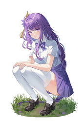  02bear20 absurdres alternate_costume black_footwear bow bowtie braid breasts collared_shirt female flower full_body genshin_impact grass hair_flower hair_ornament hands_on_own_knees highres loafers long_braid long_hair looking_at_viewer purple_bow purple_bowtie purple_eyes purple_flower purple_hair purple_nails purple_skirt raiden_shogun school_uniform shirt shirt_tucked_in shoes short_sleeves skirt solo squatting thighhighs very_long_hair white_shirt white_thighhighs zettai_ryouiki 