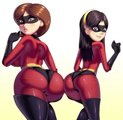  2girls apostle ass black_eyes black_gloves black_hair bodysuit breasts brown_eyes brown_hair domino_mask elastigirl elbow_gloves from_behind gloves gradient_background grin helen_parr huge_ass large_breasts latex latex_gloves long_hair looking_at_viewer looking_back mask mature_female medium_breasts mother_and_daughter multiple_girls non-web_source petite red_bodysuit short_hair simple_background skin_tight smile source_request stretching the_incredibles toon_(style) violet_parr 